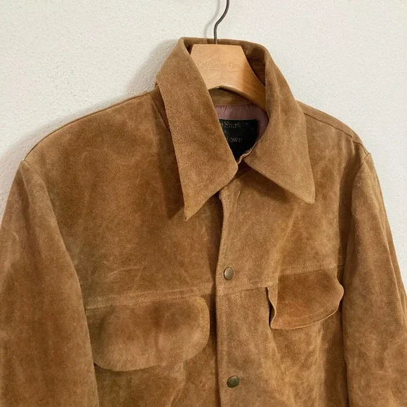 Vintage 70s Mens Camel Brown‎ Suede Leather Dagger Collar Jacket // Size Small - Picture 2 of 7